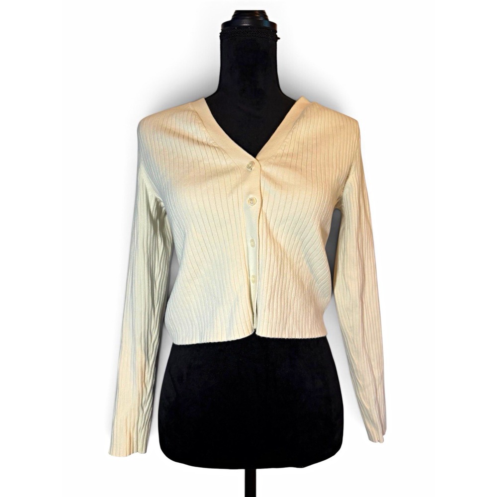 Reformation Jeans Women's Rib Knit Cardigan Sweater Button V-Neck Ivory L Preppy